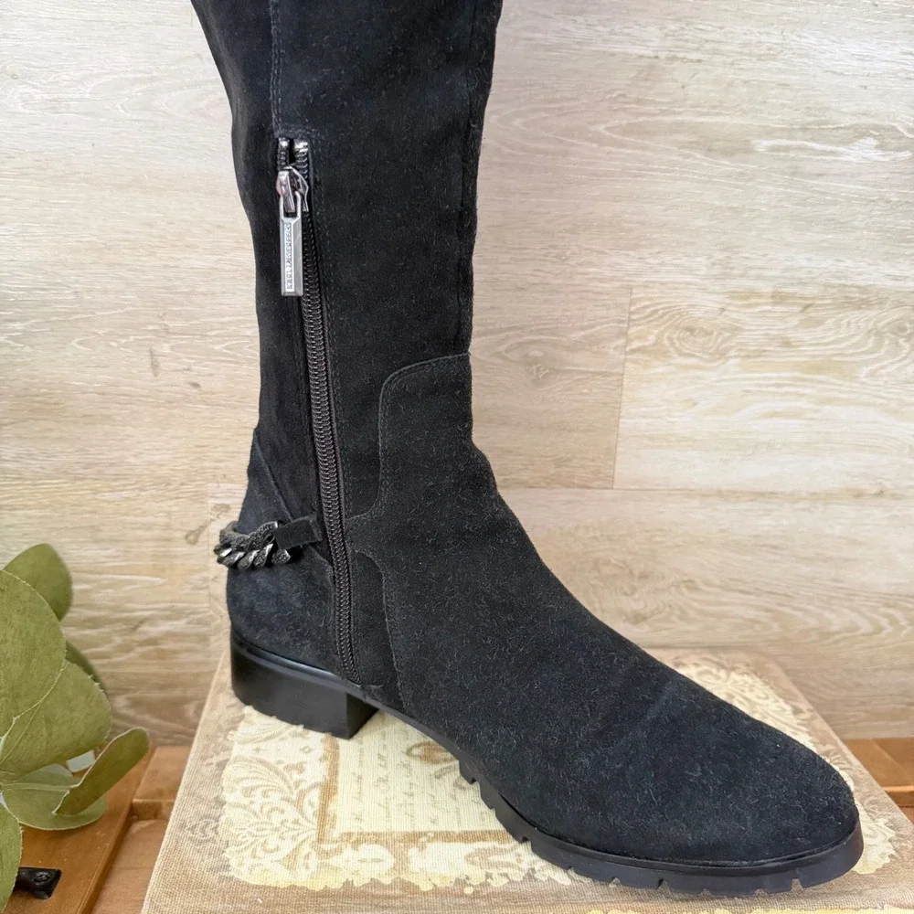 Karl Lagerfeld Paris Black Suede Knee High Chain Detail Boots Lug Sole Size 7.5